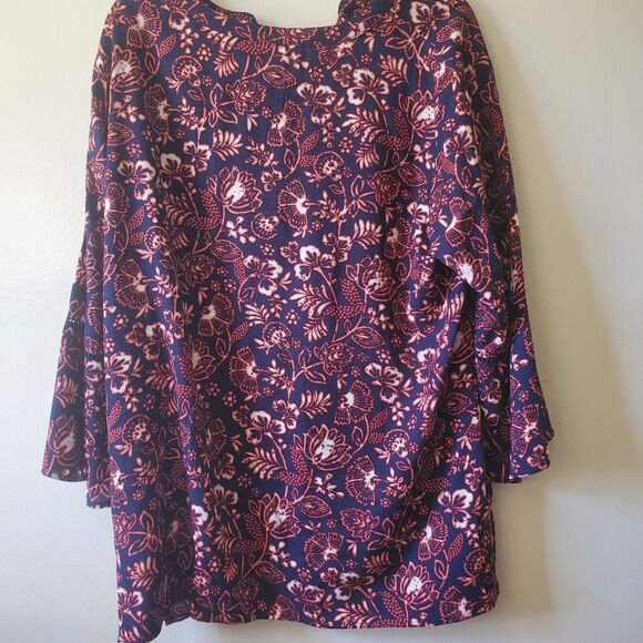 Gloria Vanderbilt Womens Blouse Size XL Blue Floral V Neck 3/4 Sleeve Batik Boho - Picture 10 of 12